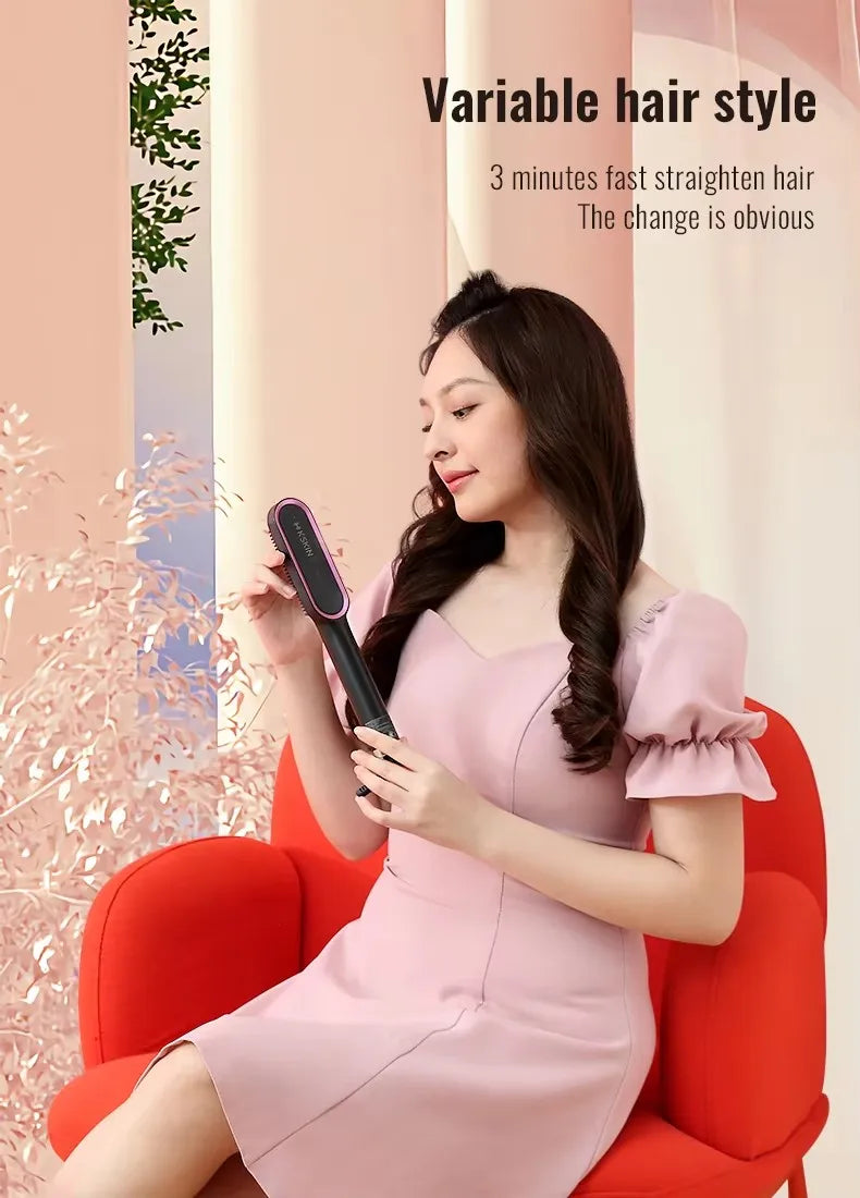 2-in-1 Hair Straightener & Curler Brush – Fast Heat, Ceramic, Anti-Scald